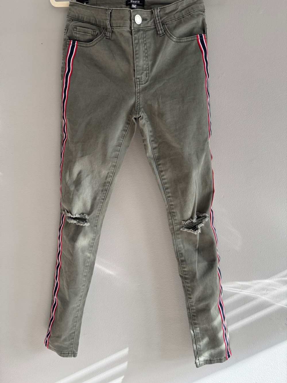 Olive Green Skinny Jeans with Red-White-Blue Side Stripes